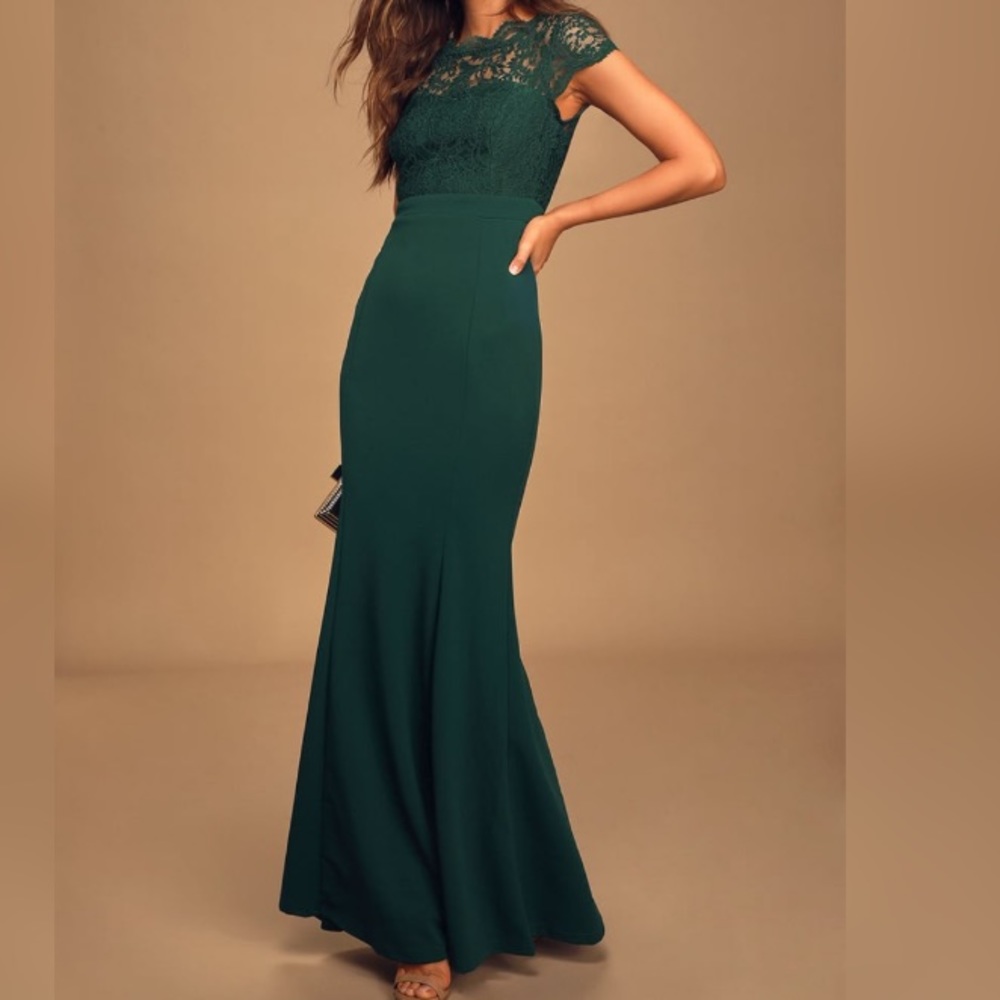 Lulus Hopeful Romantic Hunter Green Lace Mermaid Maxi Dress